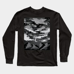 Dark cloudy sky above mountains with a crescent moon Long Sleeve T-Shirt